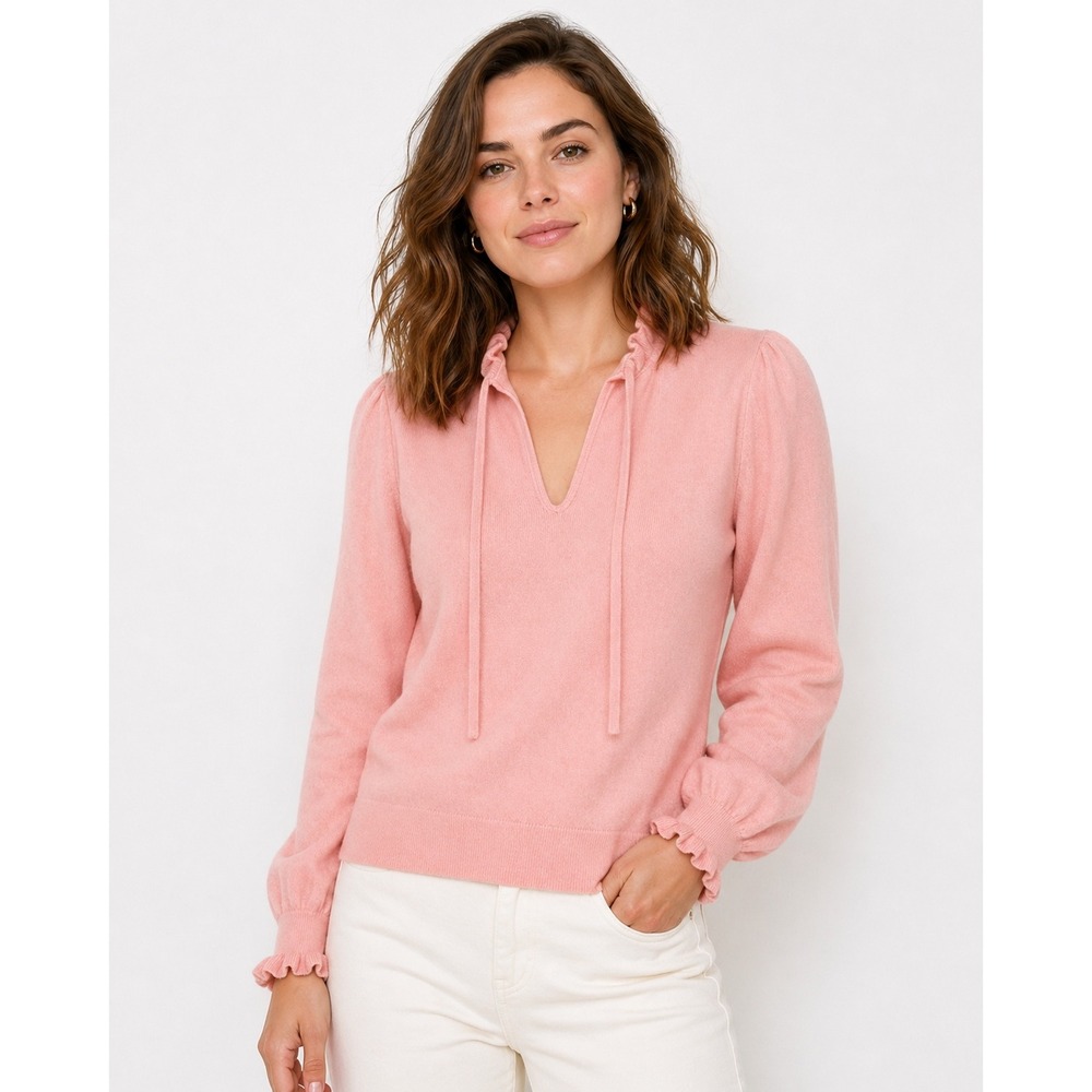 Boden Ruffle Neck Sweater Womens M Pink Cotton Wool Blend Tie Neck Feminine